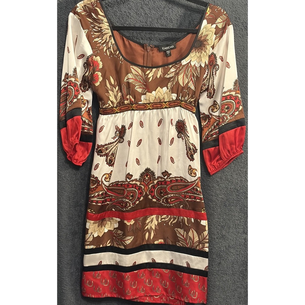bebe Y2K 100% Silk Western Horseshoe Paisley Mini Dress Sz S Boho 2000s Cocktail